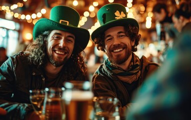 Fototapeta na wymiar Two funny men with green hats in bar are enjoying their st patrick's day