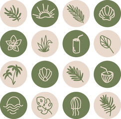 icon set of nature, beaches, vacation, ecology, green and beige pastel color icons.