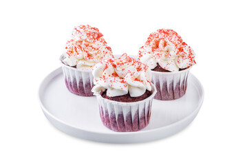 Red velvet cupcake with cream cheese for Valentine's day on a white isolated background