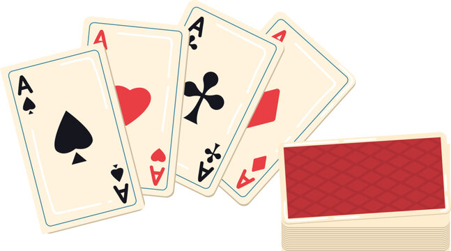 Ace cards of all suits with red back design. Cards depicting aces of spades, hearts, clubs, and diamonds vector illustration.