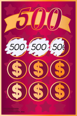 Scratch card with three winning 500 dollar amounts revealed. Gambling ticket design showcasing cash prize symbols.