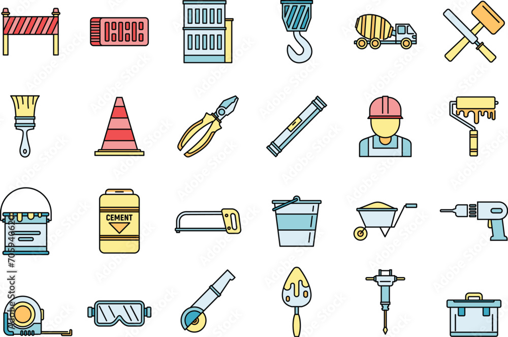 Poster modern building reconstruction icons set. outline set of modern building reconstruction vector icons
