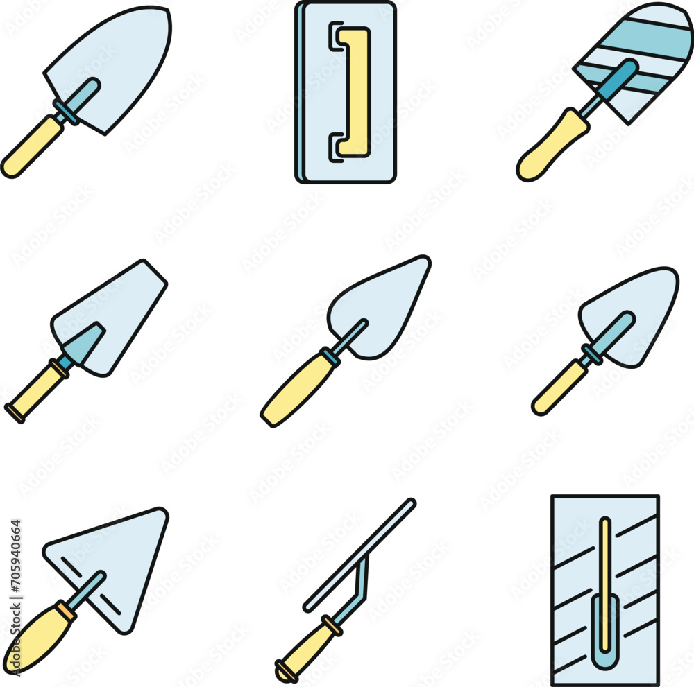 Aufkleber trowel tool icons set. outline set of trowel tool vector icons thin line color flat on white