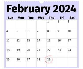Sunday Start Monthly Calendar of February 2024, Leap Day 29th February Circled, Leap Year Concept