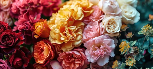 Vibrant assortment of roses in full bloom, perfect for floral backgrounds