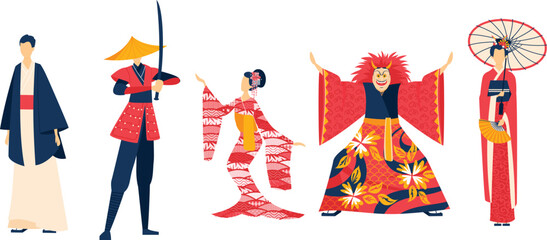 Traditional Japanese characters in various costumes. Samurai, geisha with umbrella, kabuki actor, and man in kimono. Japanese culture, traditional clothing, and performing arts vector illustration.
