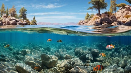 Naklejka na ściany i meble A secluded Menorcan bay adorned with colorful marine life, a hidden underwater gem -Generative Ai