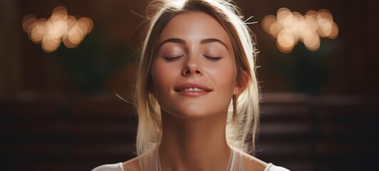 Happy Woman. Woman practicing facial yoga as part of a holistic skincare routine. Woman enjoying relaxation and tranquility in yoga. Horizontal photo for banners, posters, advertising.