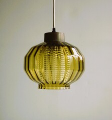 Green crystal pendant lamp from the 1960s. Design by Fagerlund Sweden. Resembling a Chinese lamp.