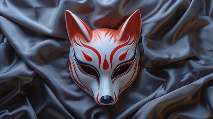 Japanese Kitsune fox mask isolated on dark background, copy space. - obrazy, fototapety, plakaty
