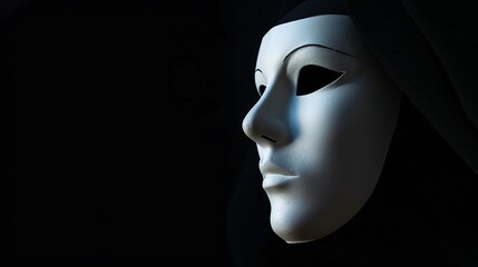 mask in black, White opera mask abandon on dark stage, Halloween, copy space.