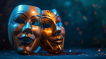 Two metallic gold masquerade masks on black stage background with copy space. Carnival or Masquerade, masks for theater dramatic life concept. - obrazy, fototapety, plakaty