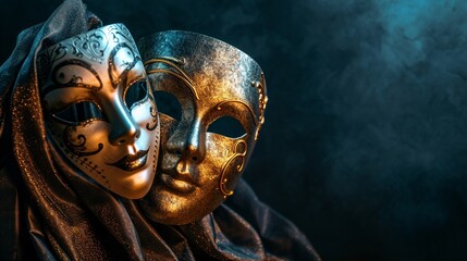 Two metallic gold masquerade masks on black stage background with copy space. Carnival or Masquerade, masks for theater dramatic life concept.