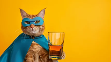 Rollo The cat superhero is holding  a glass of whiskey. Yellow background, copy space. © Jasper W