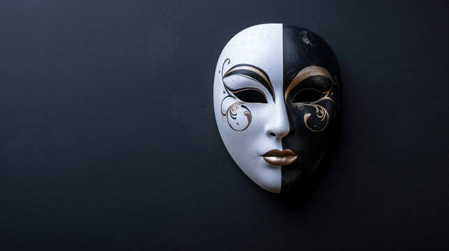 two theatrical masks are good and evil on dark background with copy space.