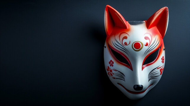 Japanese Kitsune fox mask isolated on dark background, copy space.