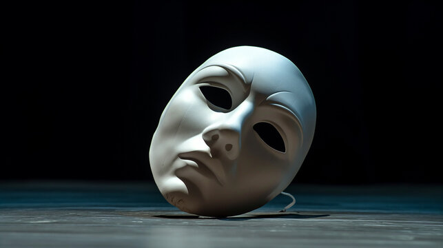 mask in black, White opera mask abandon on dark stage, Halloween, copy space.
