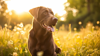Chocolate Labrador Retriever playing fetch in a sunlit field, capturing joy and motion - obrazy, fototapety, plakaty