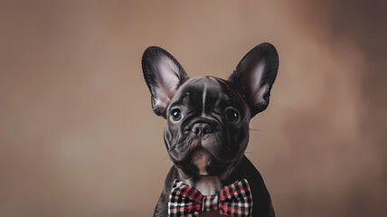 French Bulldog puppy wearing a bow tie, posing against a simple, elegant backdrop