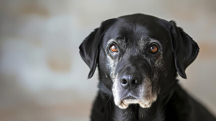 Portrait of a senior Labrador Retriever with wise eyes, against a soft, muted background - obrazy, fototapety, plakaty