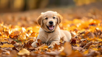 Playful Golden Retriever puppy surrounded by autumn leaves, showcasing seasonal joy