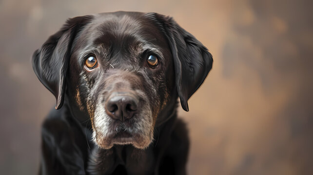 Portrait of a senior Labrador Retriever with wise eyes, against a soft, muted background
