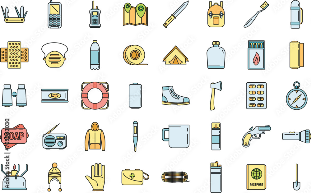 Poster survival activity icons set. outline set of survival activity vector icons thin line color flat on w