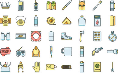 Survival activity icons set. Outline set of survival activity vector icons thin line color flat on white