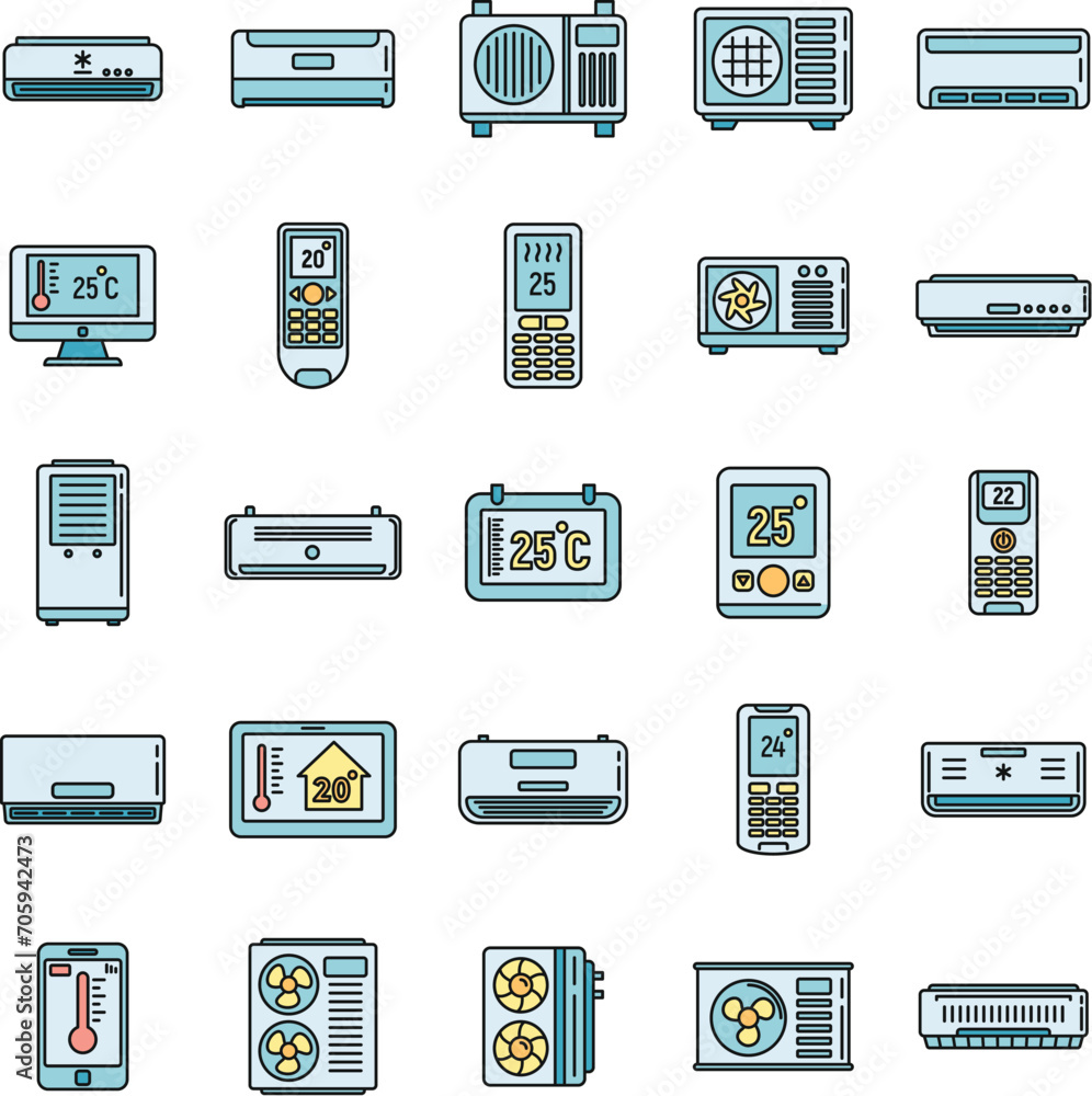 Poster modern climate control systems icons set. outline set of modern climate control systems vector icons