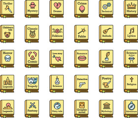 Literary genres book icons set. Outline set of literary genres book vector icons thin line color flat on white