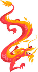 Bright red and orange fiery dragon illustration in a dynamic pose. Asian mythical creature design in vibrant colors. Chinese New Year symbol vector illustration.