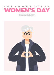 International Womens Day poster. Inspire inclusion 2024 campaign. Hand drawn vector illustration of woman in faceless flat style.