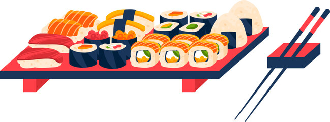 Sushi and sashimi platter with chopsticks on the side, Japanese cuisine concept, colorful sushi set. Asian food, sushi set assortment vector illustration.