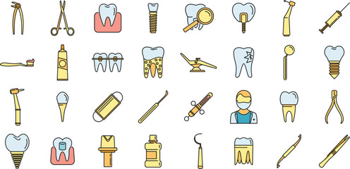 Tooth restoration clinic icons set. Outline set of tooth restoration clinic vector icons thin line color flat on white