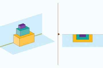 Box for mathematics and geometry. Boxes on top of each other. Volumes of boxes, view from above. Mathematics, geometry, physics, chemistry, science.
