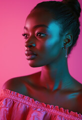 Fashion Model in Pink Neon Light with a Hint of Blue