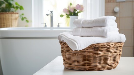 Obraz na płótnie Canvas Wicker basket with white towels on table in bathroom. Space for text. cleanliness and comfort.