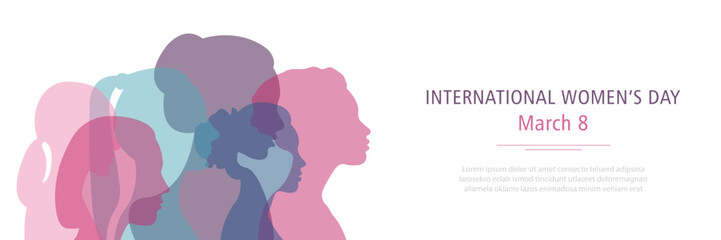 Horizontal banner for International Women's Day. Silhouettes of women of different nationalities standing side by side.Vector illustration. - obrazy, fototapety, plakaty