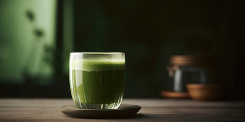 Matcha green tea in a cup on a blurred background, generative AI