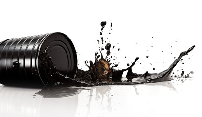 barrel of crude oil with oil splashes isolated on a white background, generative AI