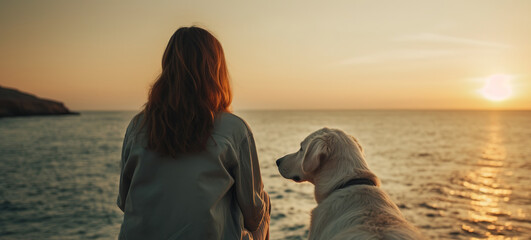 girl and dog near the sea and looking at far, generative AI - Powered by Adobe
