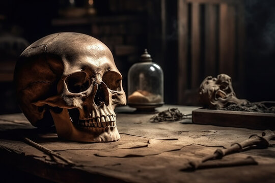 human skull on a table in abandoned terrible place, generative AI