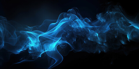Bright Blue smoke on a black background creates an abstract, foggy scene , generative AI