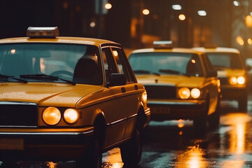 Yellow Taxi cars driving down the street in the evening after the rain