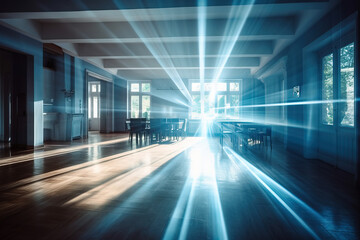 Obraz premium Big Empty Kitchen Room With Day Blue Light Rays From The Window