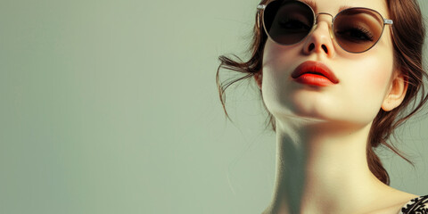 Retro-Inspired Fashion: Woman with Sunglasses and Red Lipstick in Pastel Tones