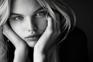 Monochromatic Muse: Blonde Woman with a Dreamy Gaze and Ethereal Pose