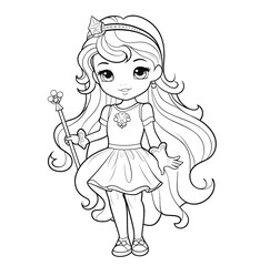 Fototapeta premium Cute princess beautiful background.Doodle coloring page for kids. Black white illustration
