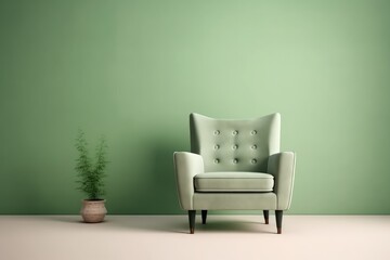 Living room with green armchair on empty dark green wall