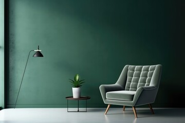 Living room with green armchair on empty dark green wall